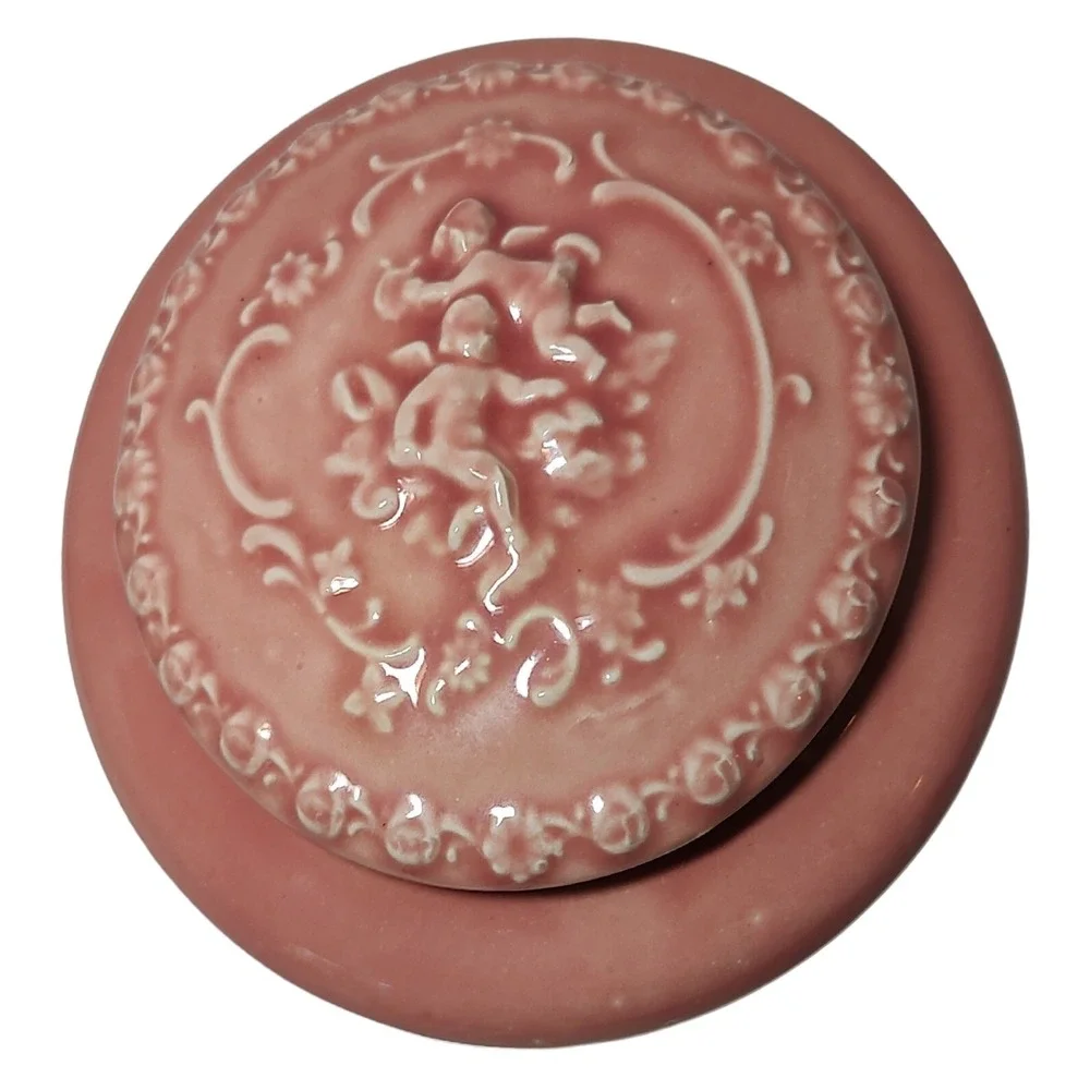 Vintage Handmade Ceramic Powder Trinket Box Pink Angels Round 6.5 Inches SEE‎